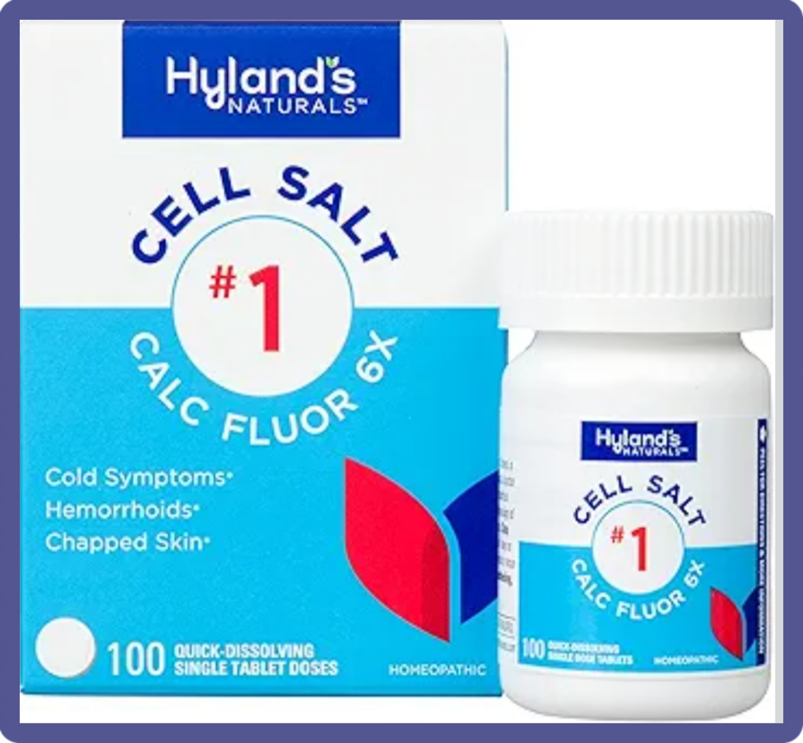 Small bottle of Hyland's Naturals Cell Salt #1 Calc. Fluor. tablets for natural tooth enamel and gum elasticity.