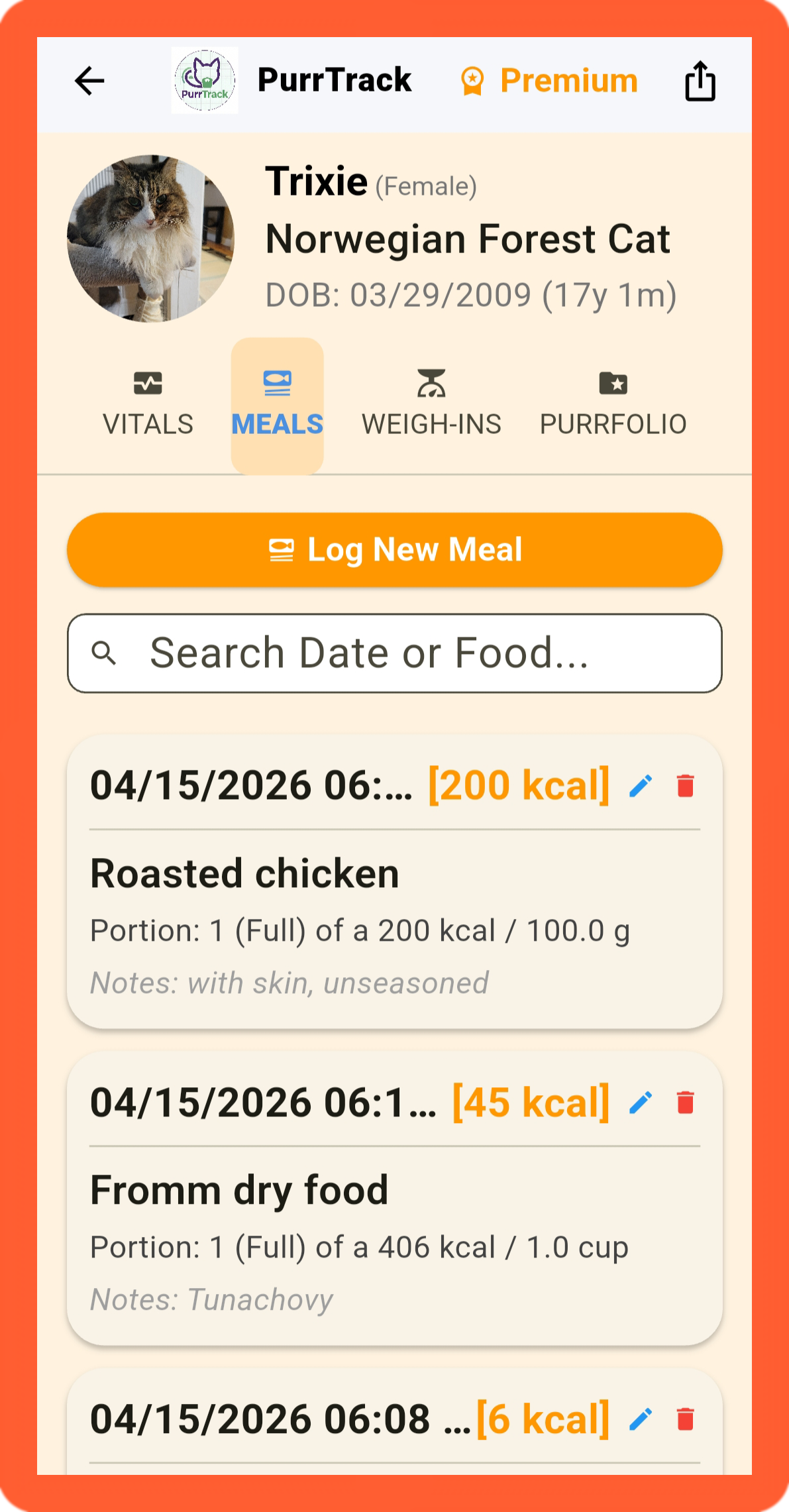 Logging a cat's daily meal and calorie count on the PurrTrack feline diet app.