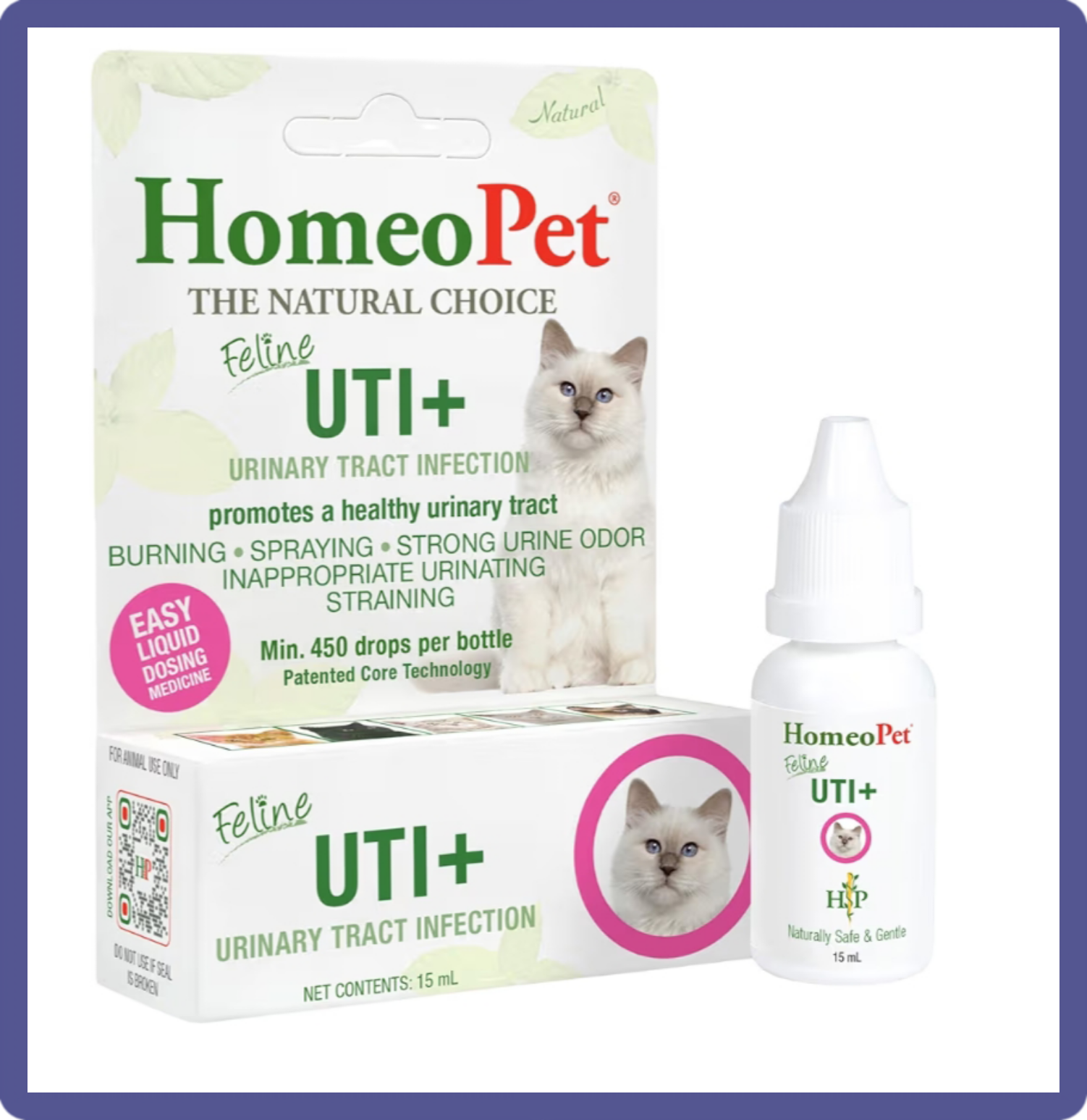 A bottle of HomeoPet Feline UTI+ liquid drops, a natural homeopathic remedy used to rapidly soothe cat urinary tract discomfort, burning, and stress-related litter box issues.