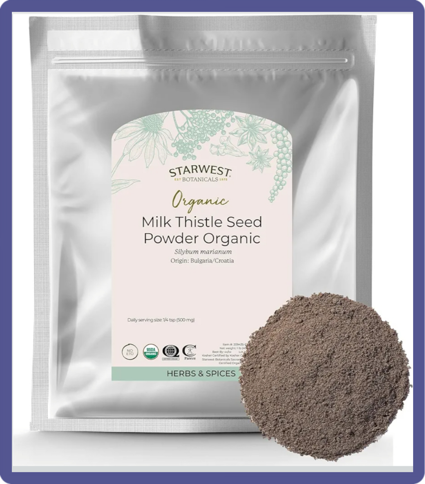 Bulk 1 lb bag of Starwest Botanicals Organic Milk Thistle Seed Powder for holistic pet health.