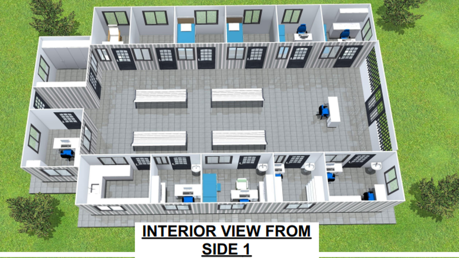 Interior view of a 3D-rendered medical building from side 1.