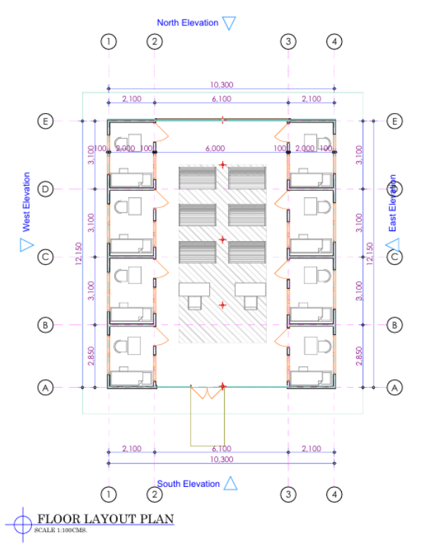 Architectural floor plan for a rectangular building, showing interior room arrangements with labels, dimensions, and elevation markers for North, South, East, and West sides.