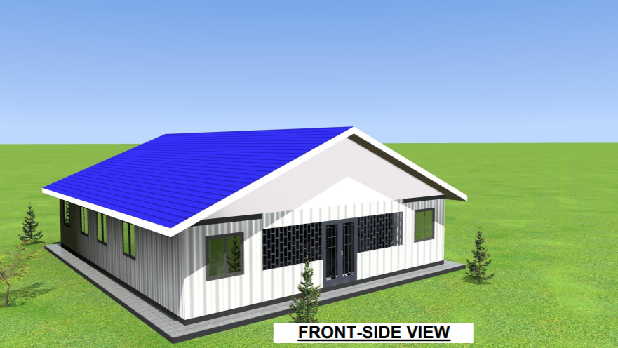Exterior view of a 3D-rendered medical building from the front.