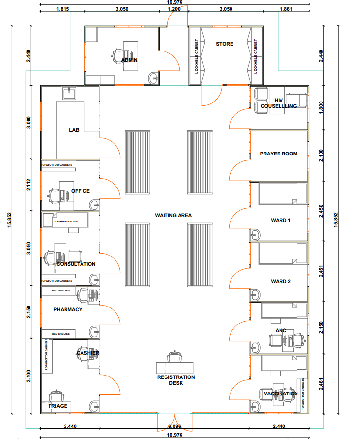 Floor plan for a medical building. Includes a large waiting room surrounded by 13 rooms with various purposes.