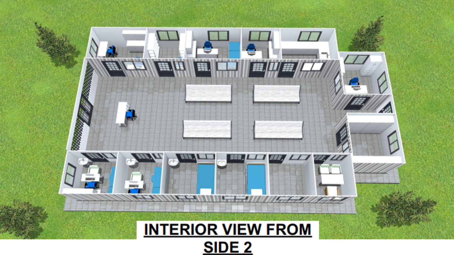 Interior view of a 3D-rendered medical building from side 2.