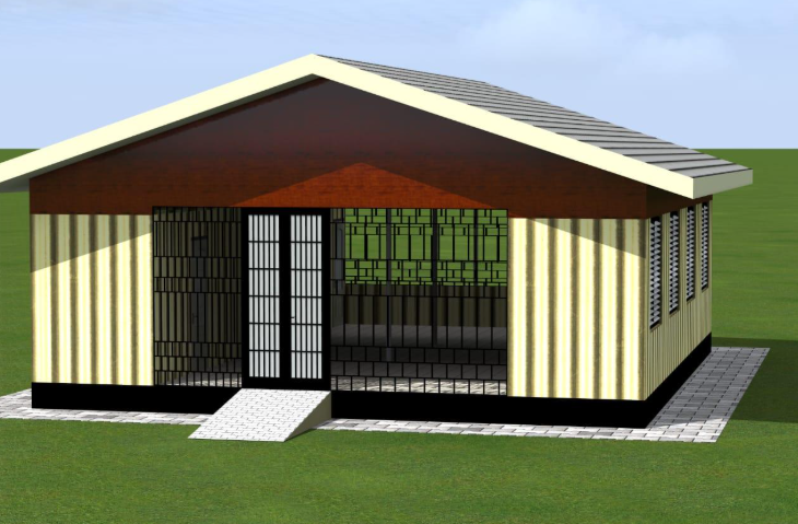 A digital 3D rendering of a small building with a gabled roof, yellow vertical siding, black trim, and a screened porch. The house is on a grassy lawn with a paved walkway in front.