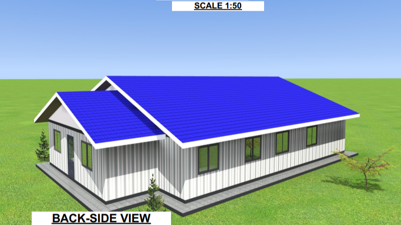 Exterior view of a 3D-rendered medical building from the back.