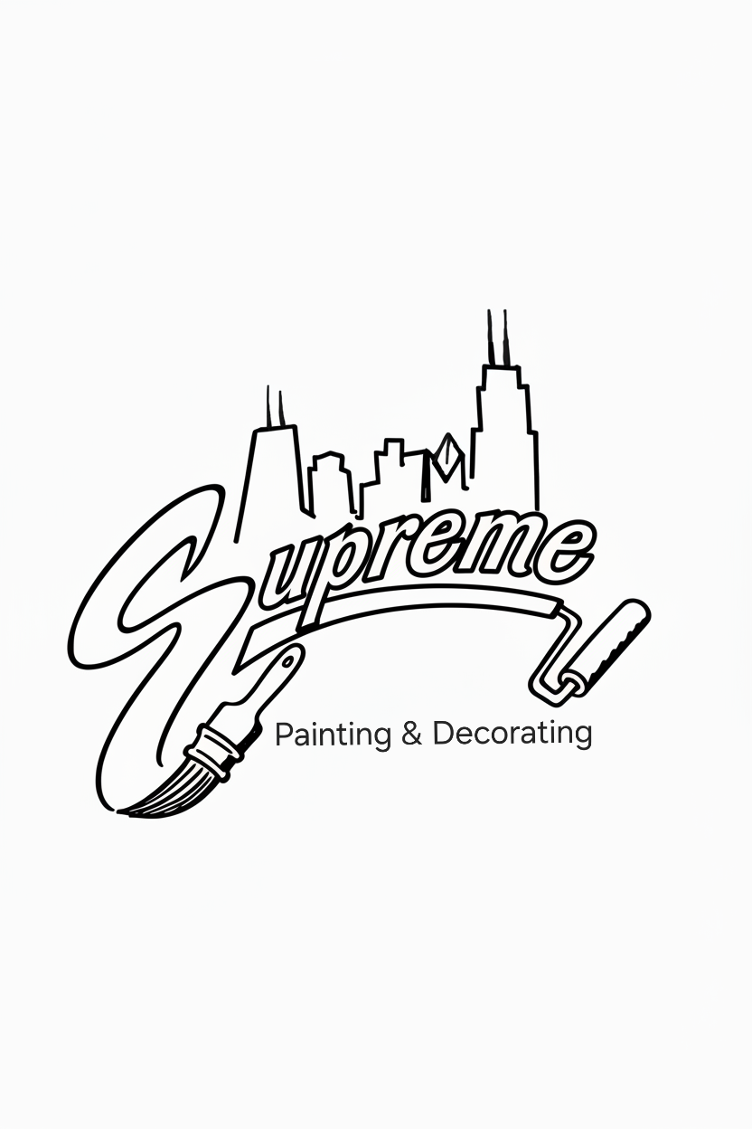 Logo for Supreme Painting & Decorating, with skyline and painting roller illustration.