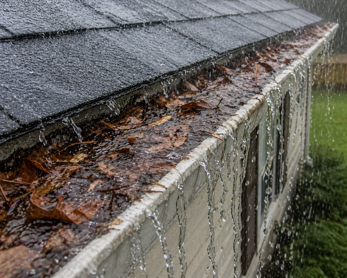 Close-up of rainwater falling off a shingled roof and gutter filled with fallen leaves, during a rainy day.