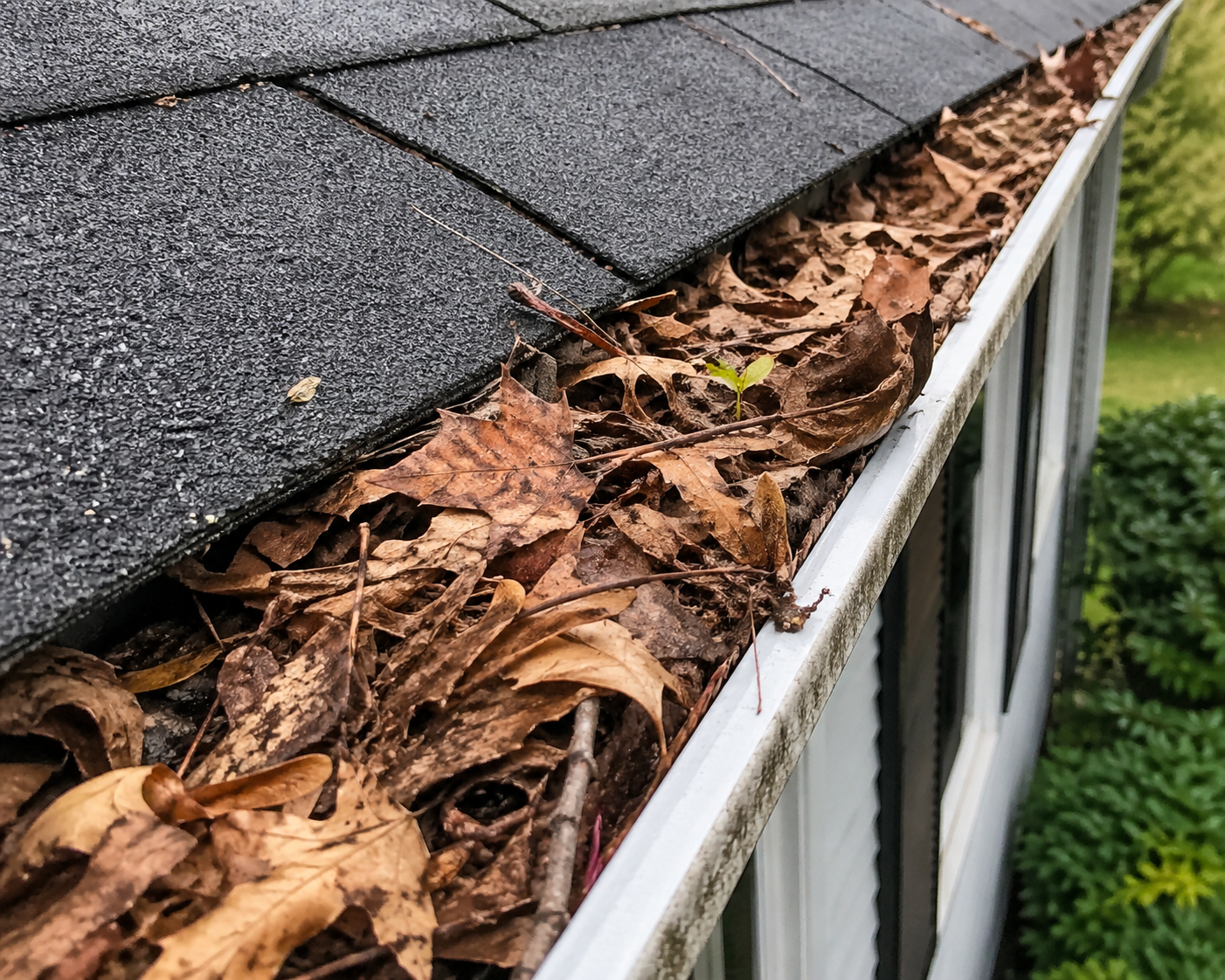 Roof gutter filled with fallen brown leaves, dirt, and small twigs, alongside black asphalt shingles on the roof.
