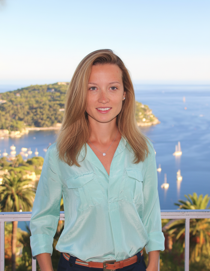 Young woman standing outdoors with water and boats in the background, wearing a light green blouse and a necklace.