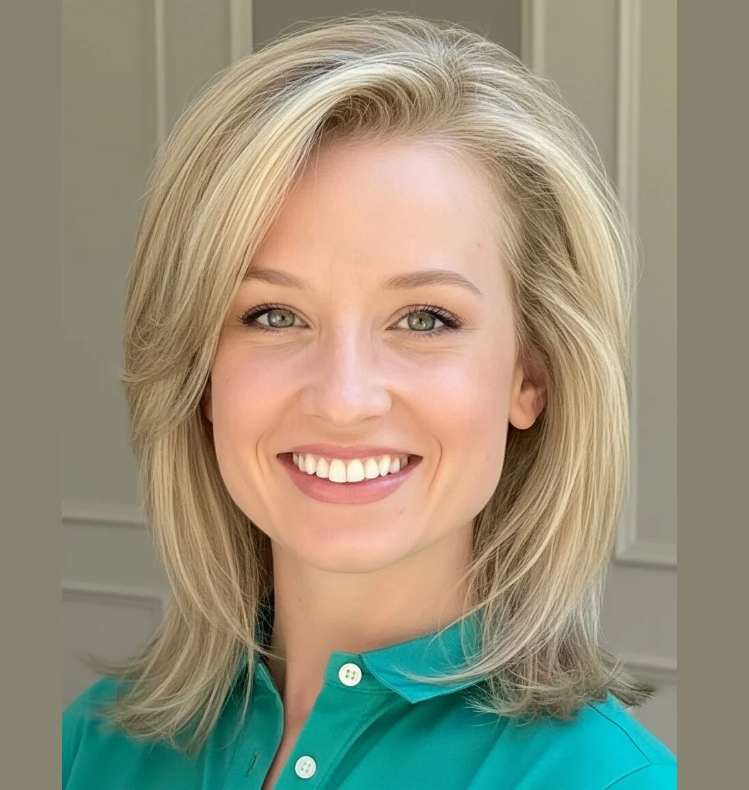 A smiling woman with blonde hair and blue eyes, wearing a turquoise collared shirt.