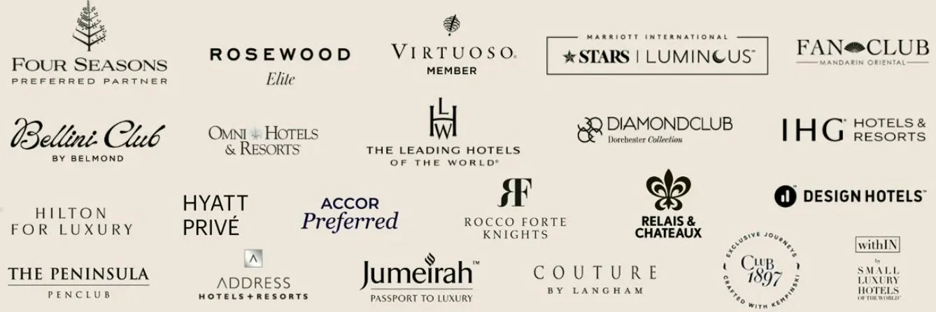 Collection of luxury hotel and resort brand logos on a beige background.