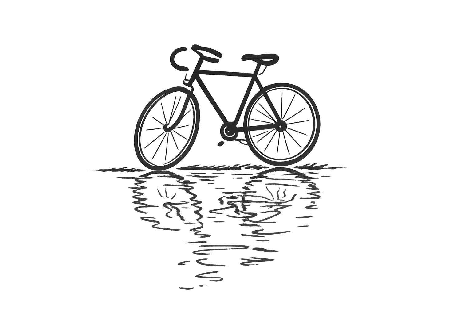 Bicycle reflected in water with gentle ripples, symbolizing reflection, hope, and the journey forward.