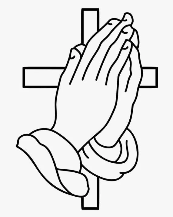 Black and white line drawing of praying hands clasped together in front of a simple cross.