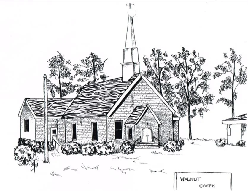 Black and white sketch of a church with a steeple, surrounded by trees and bushes, and a small sign in front that reads 'Walnut Creek'.