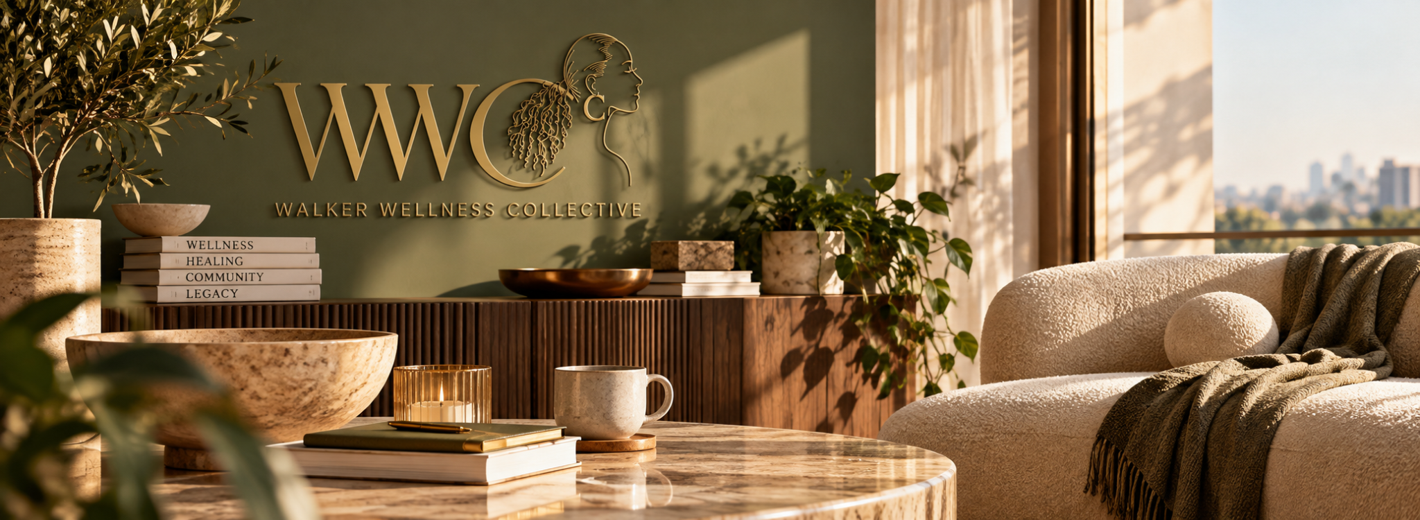 Walker Wellness Collective logo in a warm lounge with sage, gold, and natural textures.