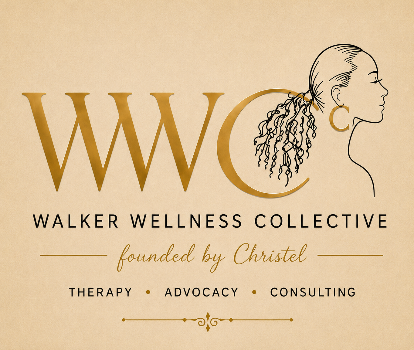 Walker Wellness Collective logo with gold WWC lettering and a curly ponytail profile; Therapy, Advocacy, Consulting.