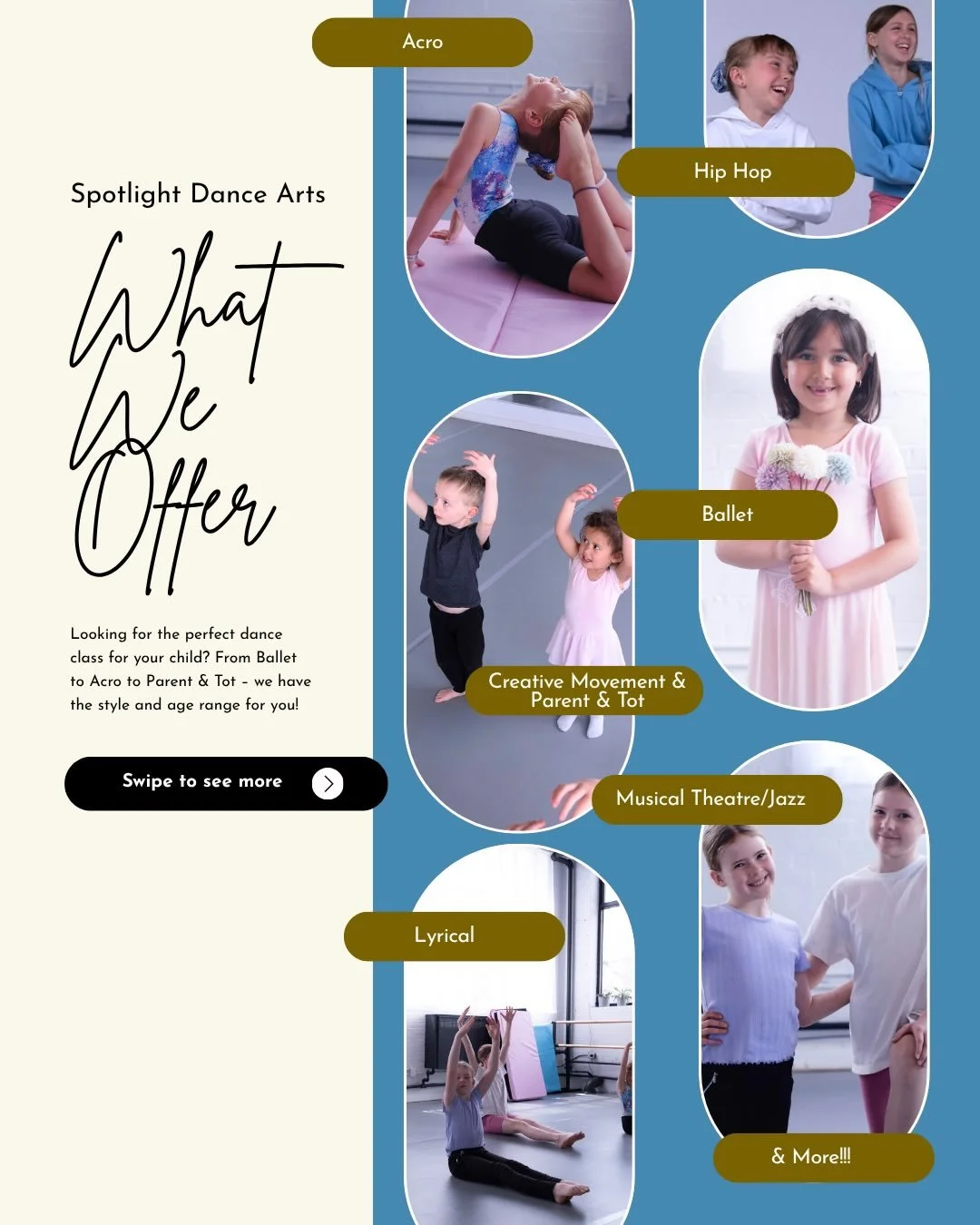 In the spirit of our Dance 2026/2027 Season Registration on May 1st, here is an overview of our offerings! From Hip Hop to Ballet to Lyrical, we have a class for every age &amp; style. Swipe to learn more. We&rsquo;re looking forward to dancing with 