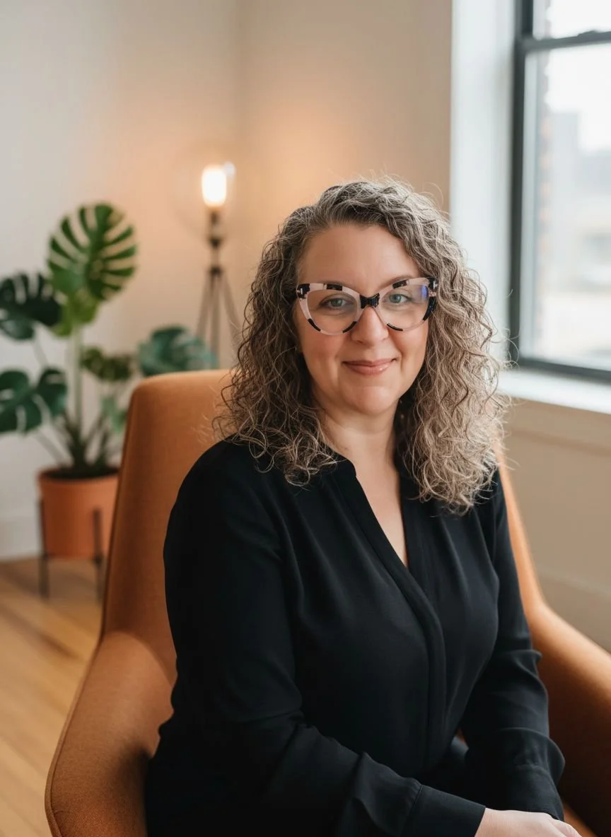 A woman with curly  hair and glasses sitting in a tan chair in a well-lit room, with a large window and a potted plant in the background.
