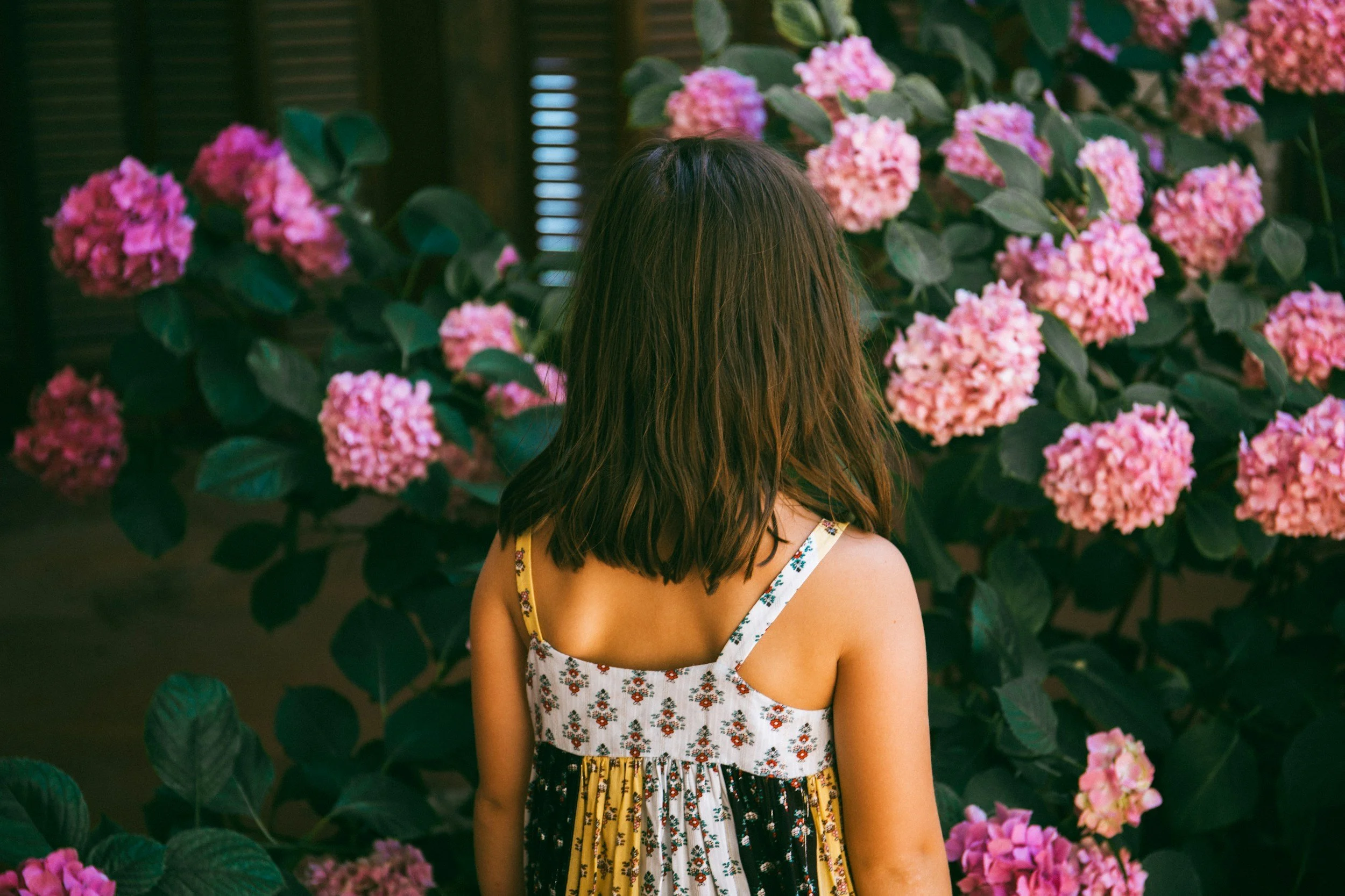 A girl with shoulder-length brown hair, wearing a sleeveless floral dress, stands with her back to the camera in front of pink hydrangea flowers and green leaves.