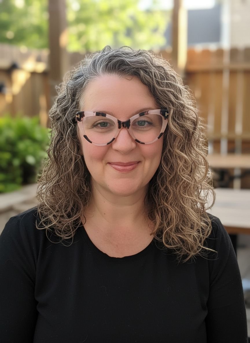 A woman with curly, shoulder-length hair and glasses, smiling outdoors with a wooden fence and green trees in the background.