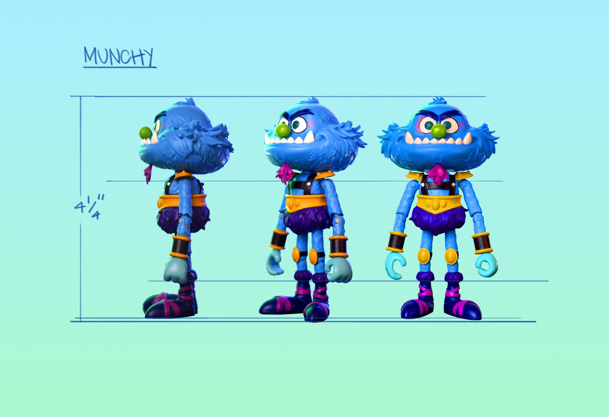 Colorful cartoon monster character model sheet showing front, side, and back views. The character is blue, with a large, furry head, green nose, and purple shorts. It has yellow accessories and striped purple and pink shoes. The character is approximately 4 1/4 inches tall.