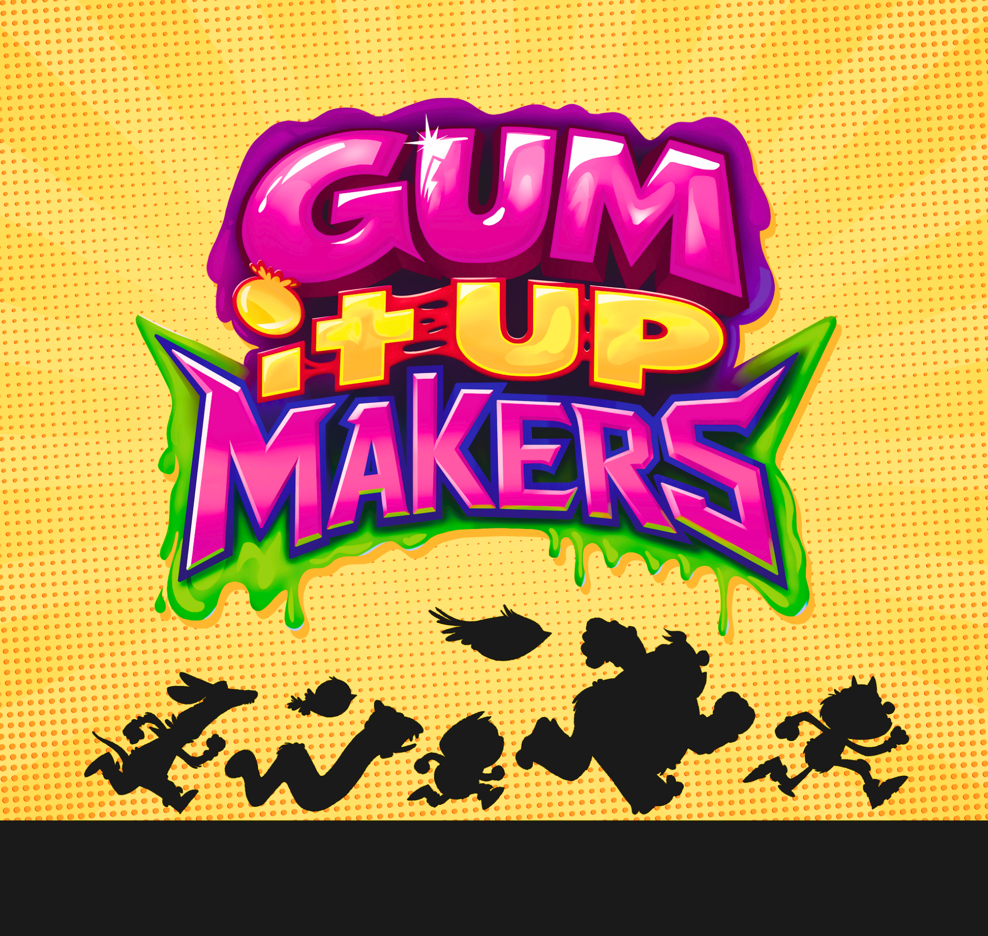Colorful cartoon-style poster with the phrase 'GUM + UP MAKERS' in bold, vibrant letters, with a yellow dotted background and black silhouettes of mice at the bottom.