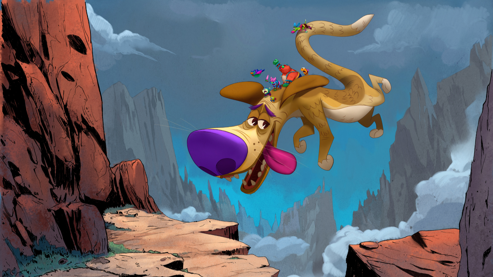 Animated cartoon dog with a purple nose and tongue hanging out, flying through the sky with a joyful expression, carrying a group of colorful birds and a small red creature on its back, with a mountainous landscape and cloudy sky in the background.