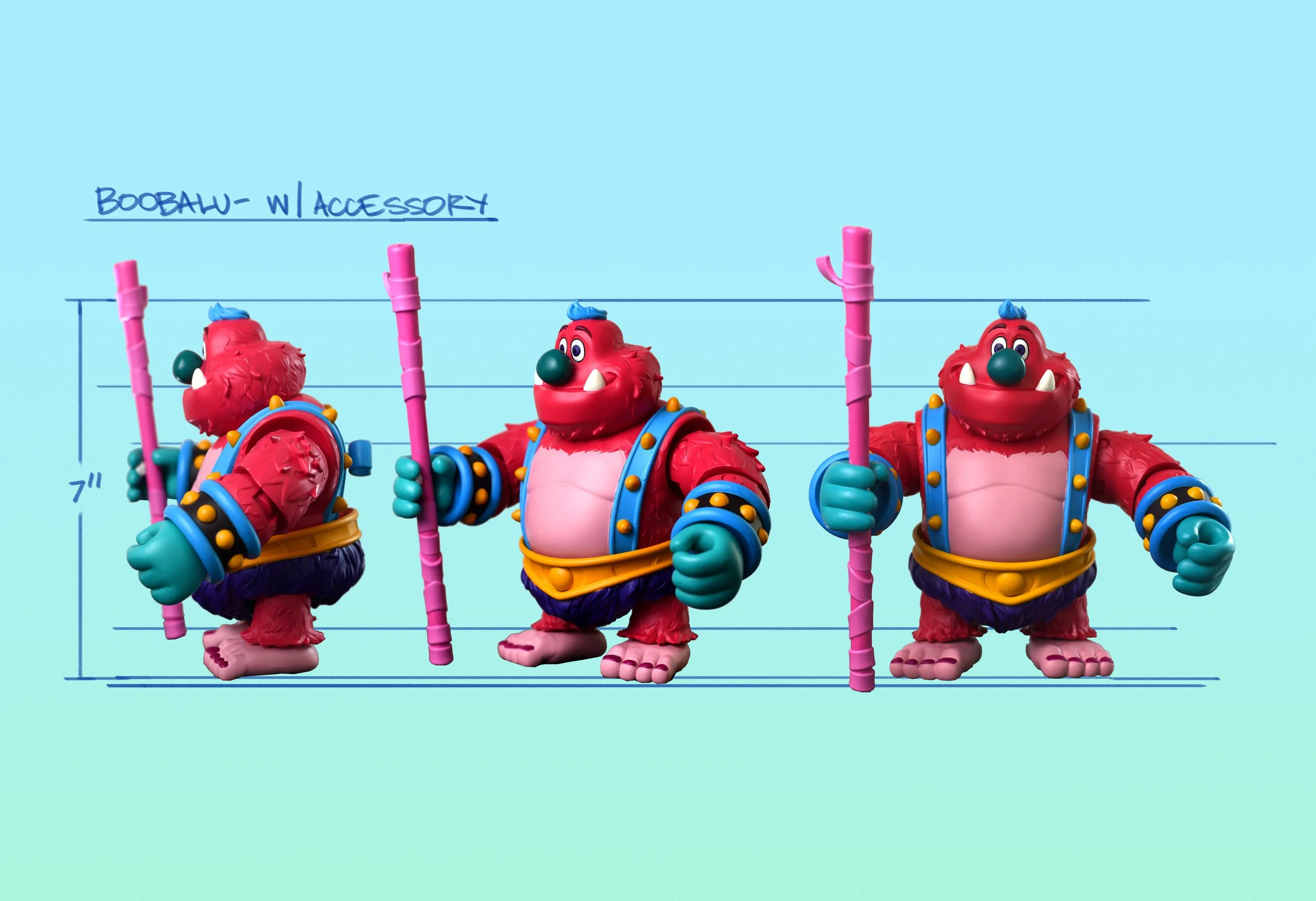 Three figurines of a red monster toy with a pink belly, blue hands, and blue hair, each holding a pink stick, standing against a blue background with a height measurement chart and labeled 'Boobalu w/ Accessory'.