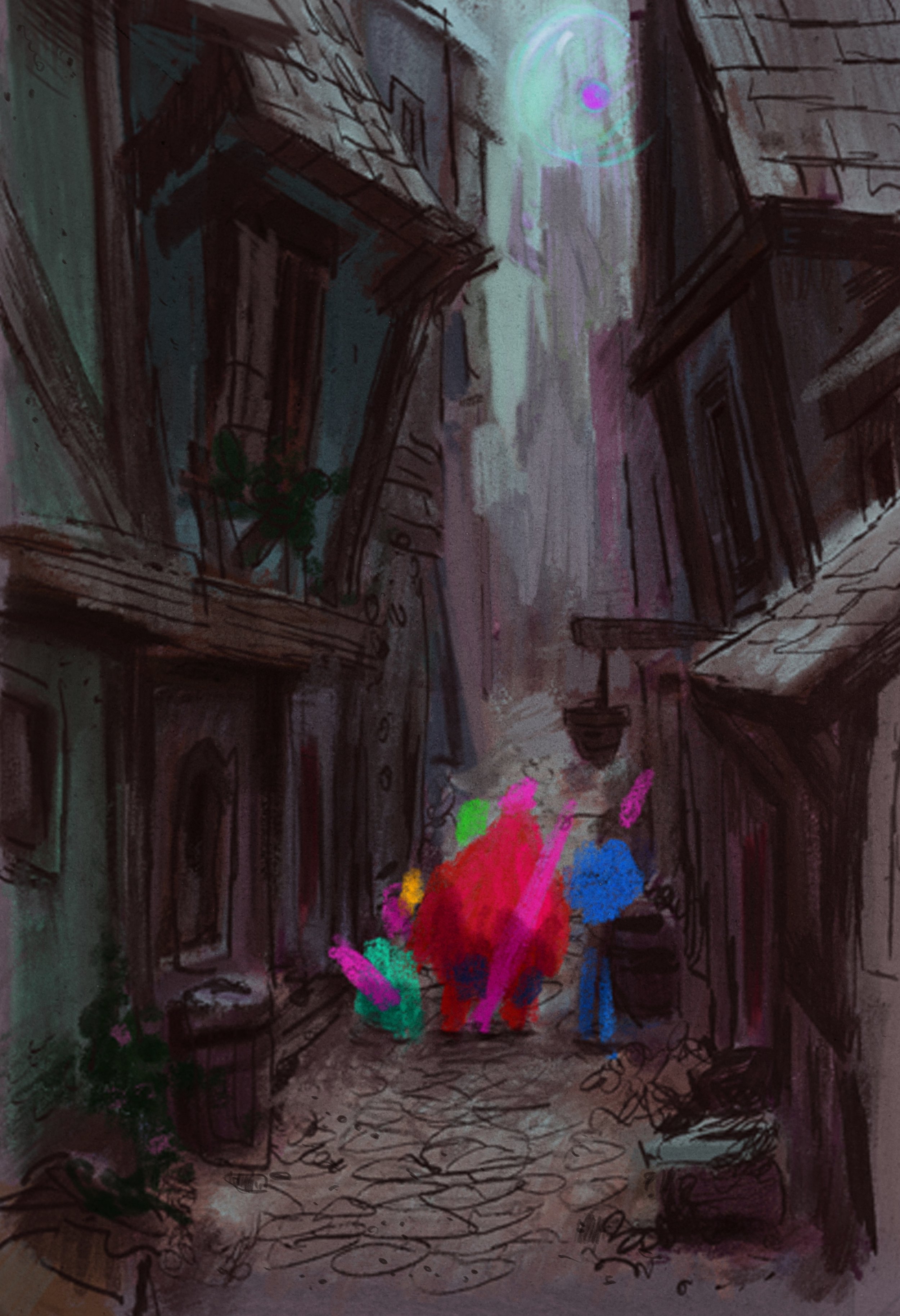 A sketch of a narrow alleyway lined with old buildings, with colorful blobs of graffiti or paint on the ground and walls, and an ominous glowing purpleeye in the sky.