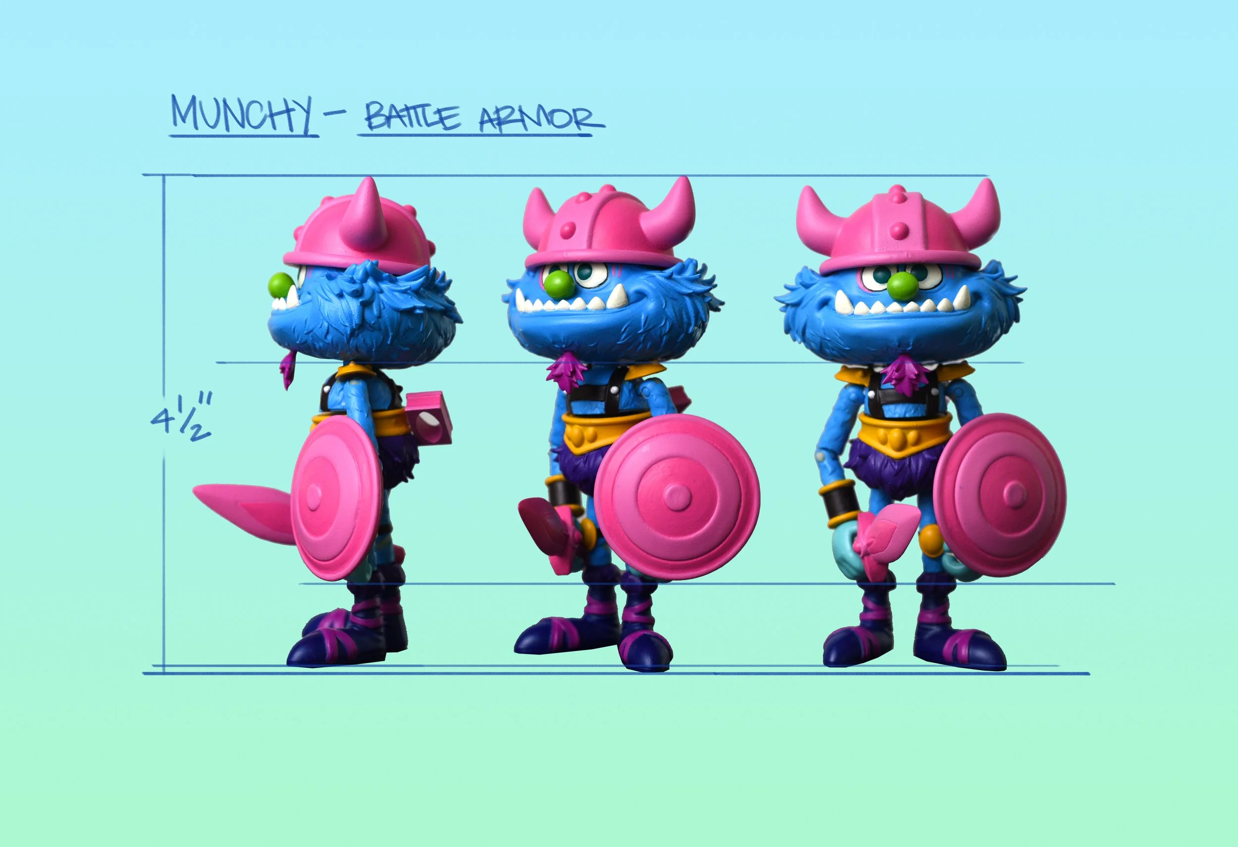 Colorful toy character design titled "Muncy - Battle Armor" showing three views of a blue, furry monster with a pink Viking helmet, holding a pink shield and a pink sword, against a light blue background with measurements.