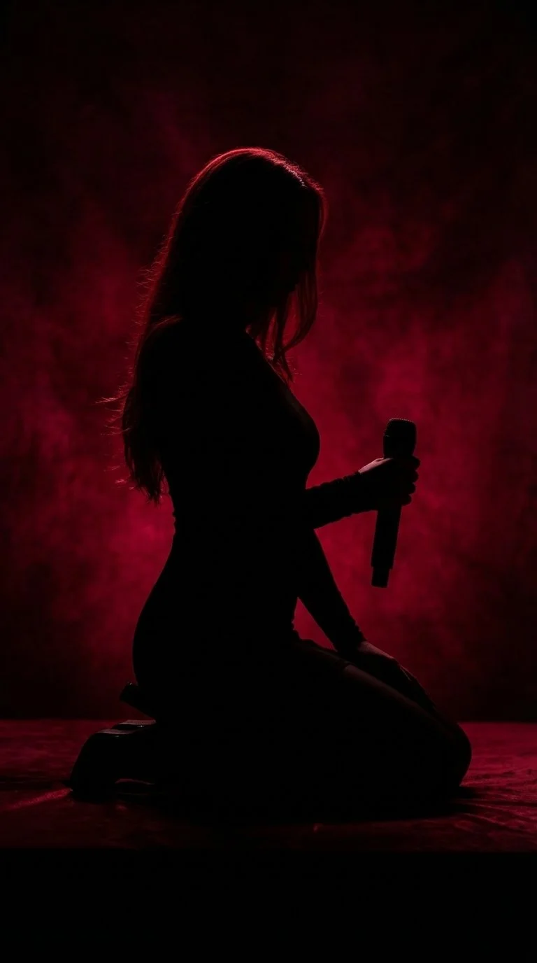 Silhouette of a woman kneeling on the ground, holding a microphone, with red lighting and smoke creating an dramatic background.