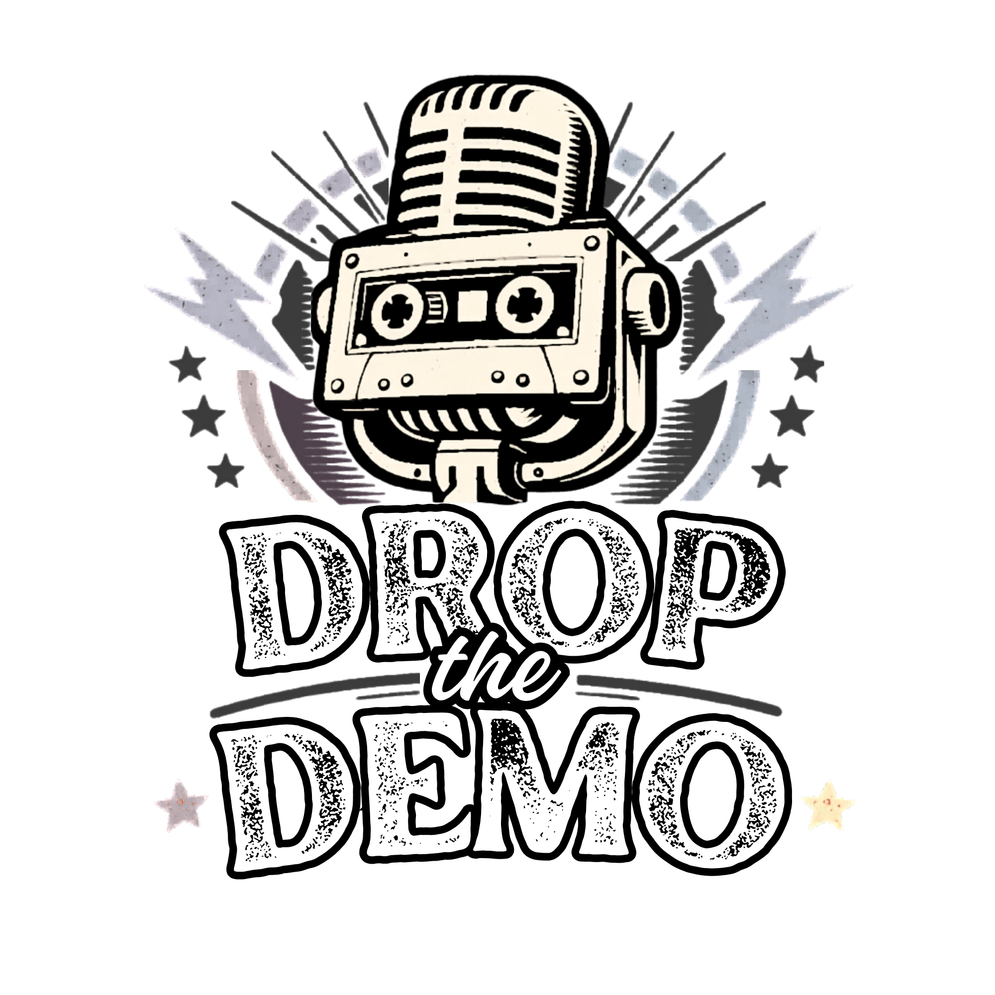 Logo with a cartoon-style microphone, lightning bolts, stars, and the text 'Drop the Demo' in bold, distressed font.