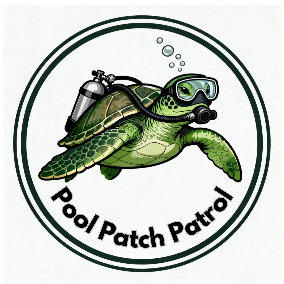 Cartoon turtle wearing scuba gear with the text 'Pool Patch Patrol' underneath.