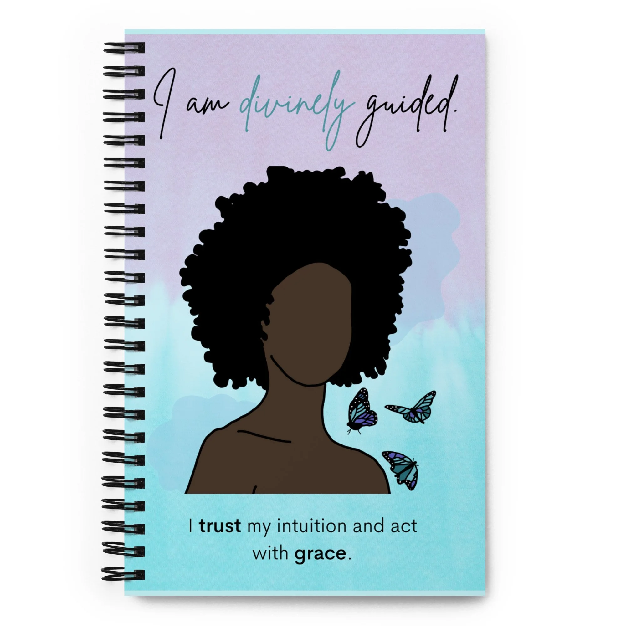 I Am Divinely Guided Affirmation Journal | Black Woman Spiral Notebook | Intuition & Self-Love Journal | Woman with Afro and Blue Butterflies