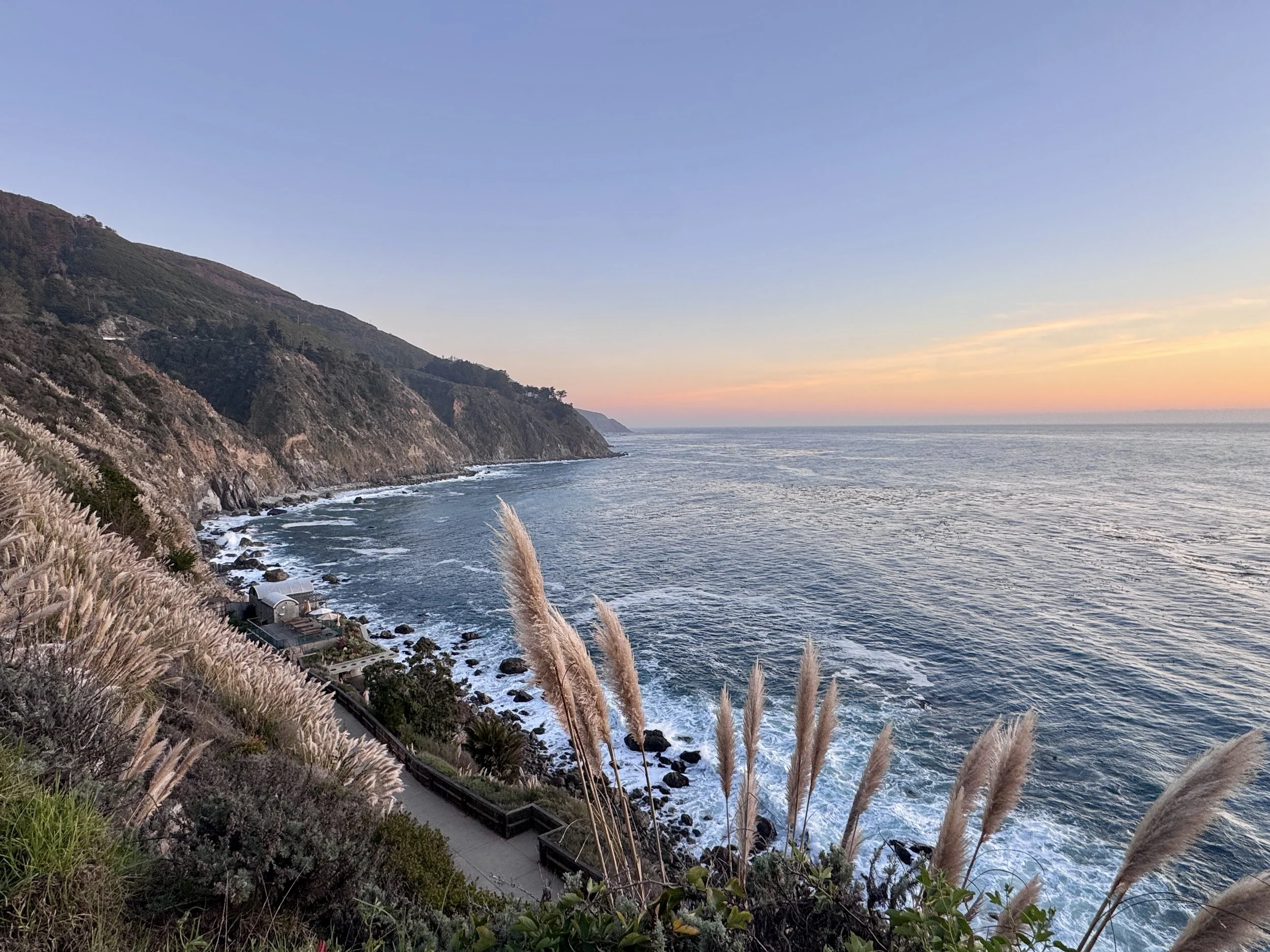Sunset over the ocean with waves crashing against rocky shoreline and cliffs, tall grass in the foreground, and a clear sky with pastel colors.