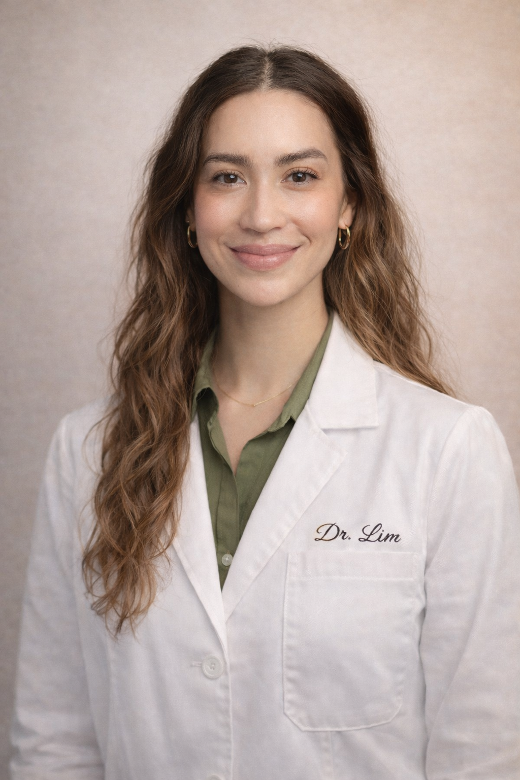 A professional portrait of a young woman with long wavy brown hair, smiling, wearing a white lab coat with 'Dr. Lim' embroidered on it, a green shirt underneath, and gold hoop earrings. She is standing against a neutral background.