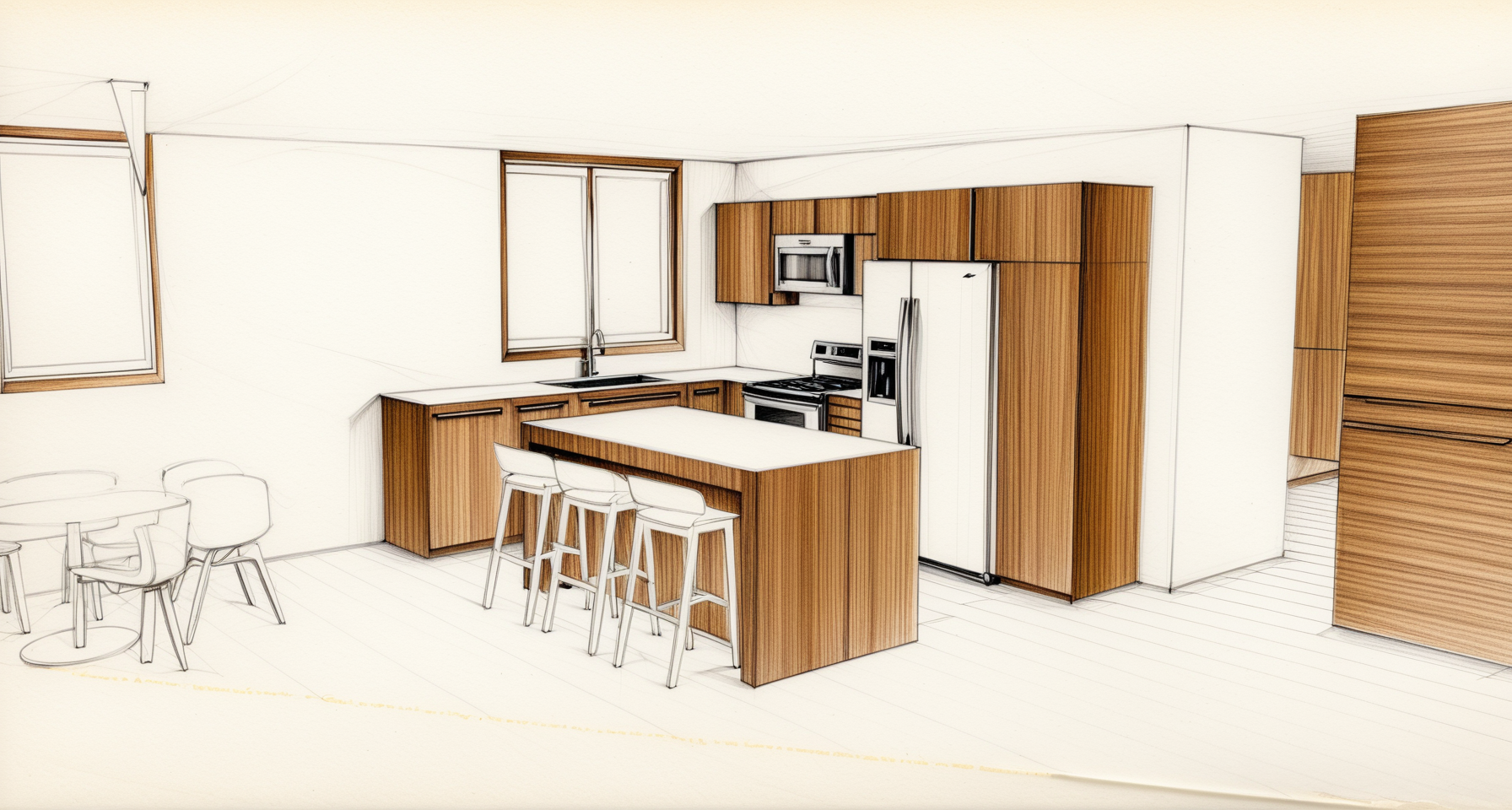 Sketch of a modern kitchen with wooden cabinets, white countertops, a kitchen island, and stainless steel appliances including a refrigerator, oven, microwave, and dishwasher. There are windows over the sink and a dining area with chairs on the left.