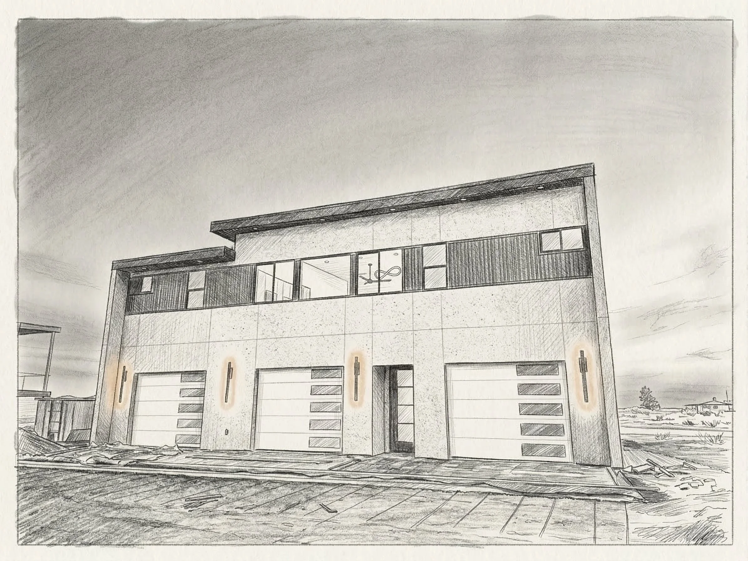 A detailed architectural sketch of a modern casitas with three garage doors on the ground level and a balcony on the upper level. The house features clean lines, large windows, and vertical lights mounted on the exterior wall.