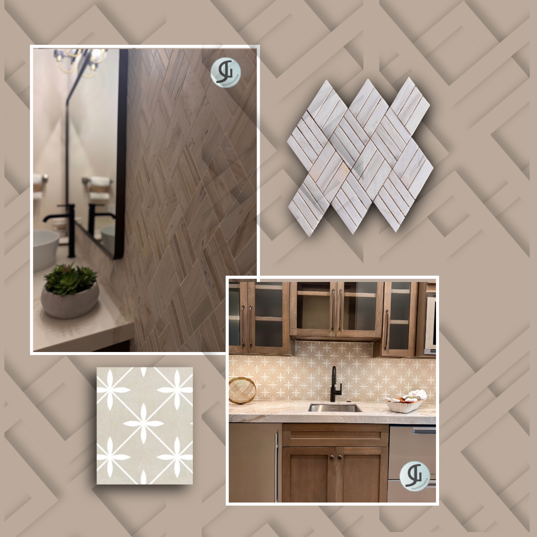 Decorative tile patterns, a close-up photograph of a kitchen backsplash with a geometric star pattern, a bathroom wall with light-colored herringbone tiles, and a kitchen mirror with a potted plant.