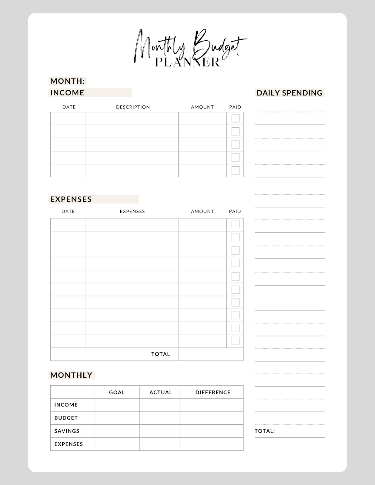 Monthly budget planner sheet with sections for income, daily spending, expenses, and a monthly overview to help Canadians get out of debt and build financial security and wealth