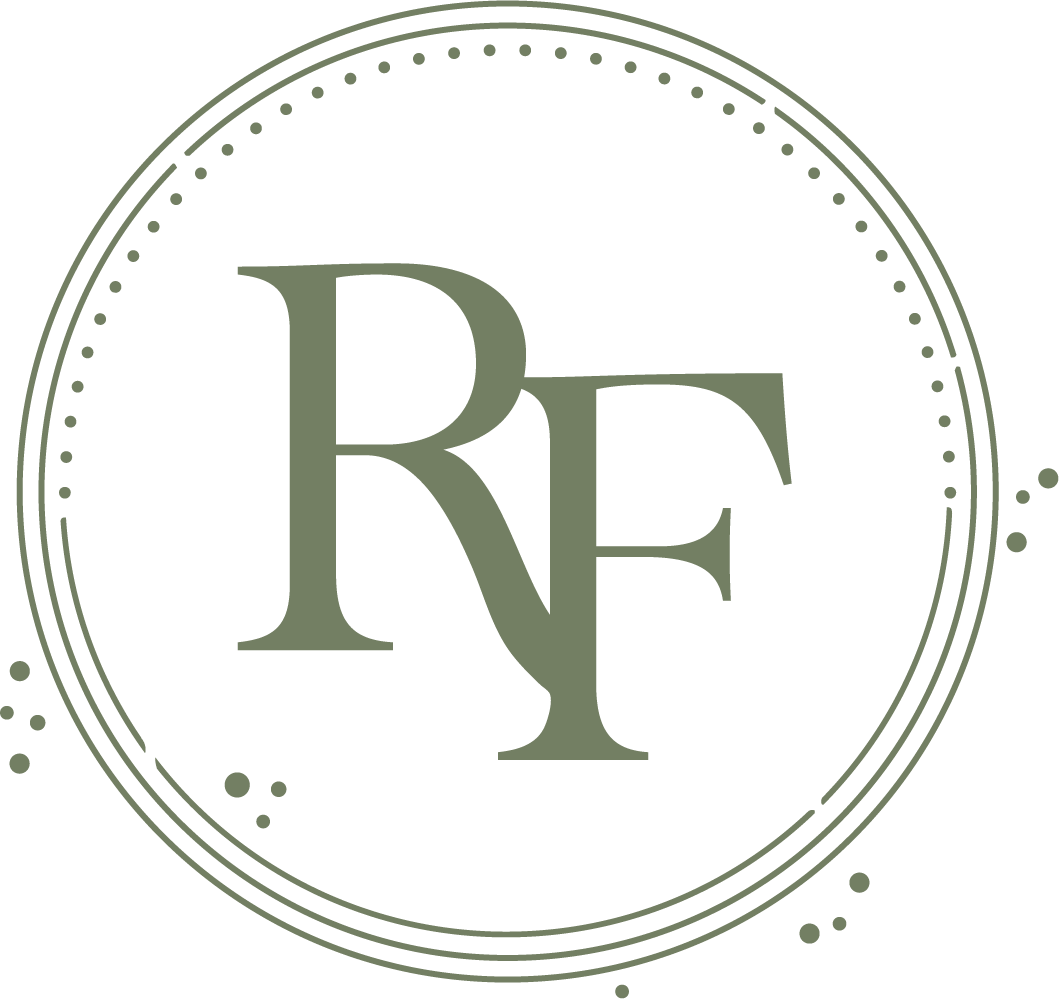 A circular logo with the initials 'RF' in the center, surrounded by dotted circles and decorative dots for Financial Strategist in Canada