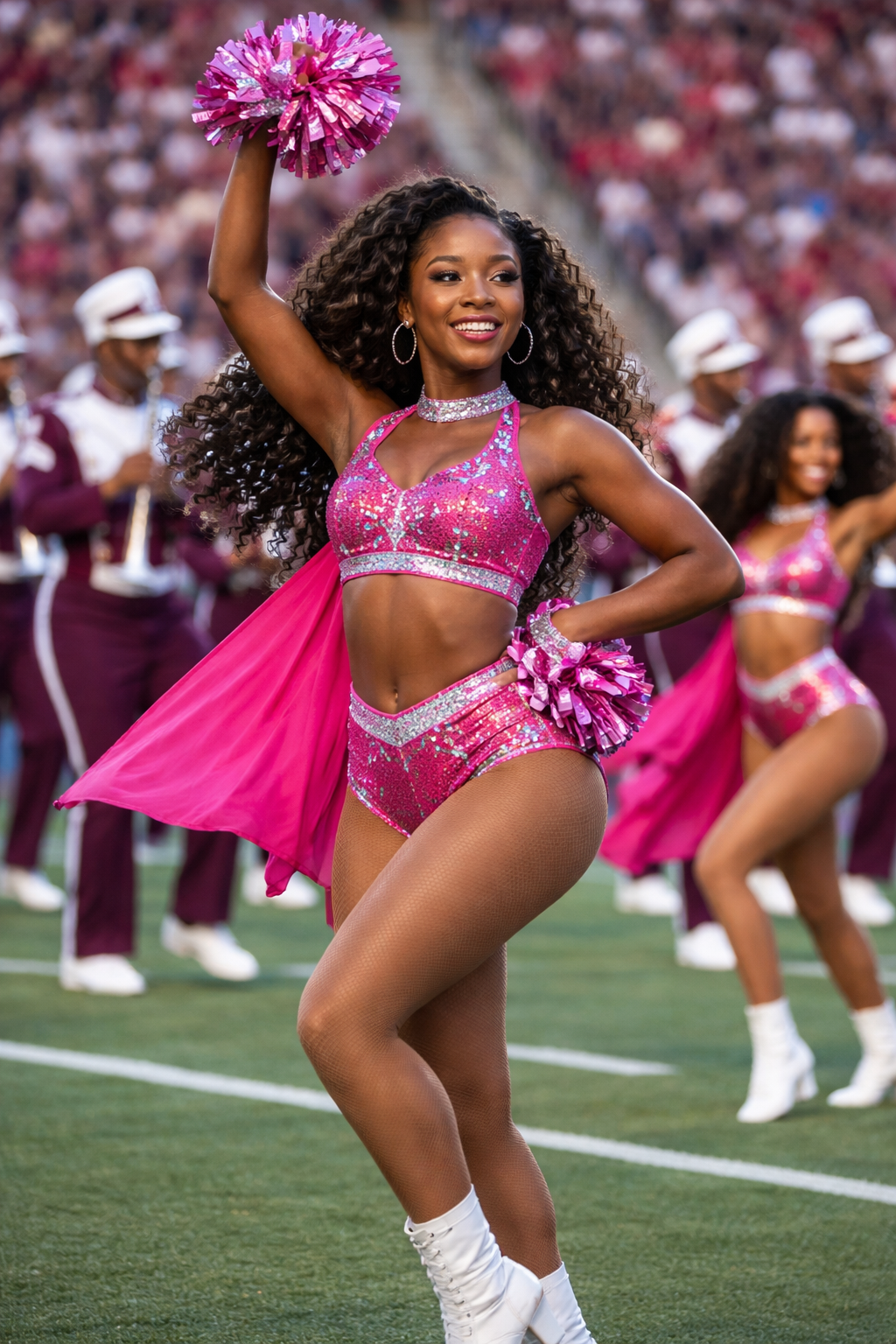 A young woman cheerleader performing during a stadium game, wearing a pink and sequined cheerleading outfit with a matching pink cape, holding pink pom-pom in the air, surrounded by band members.