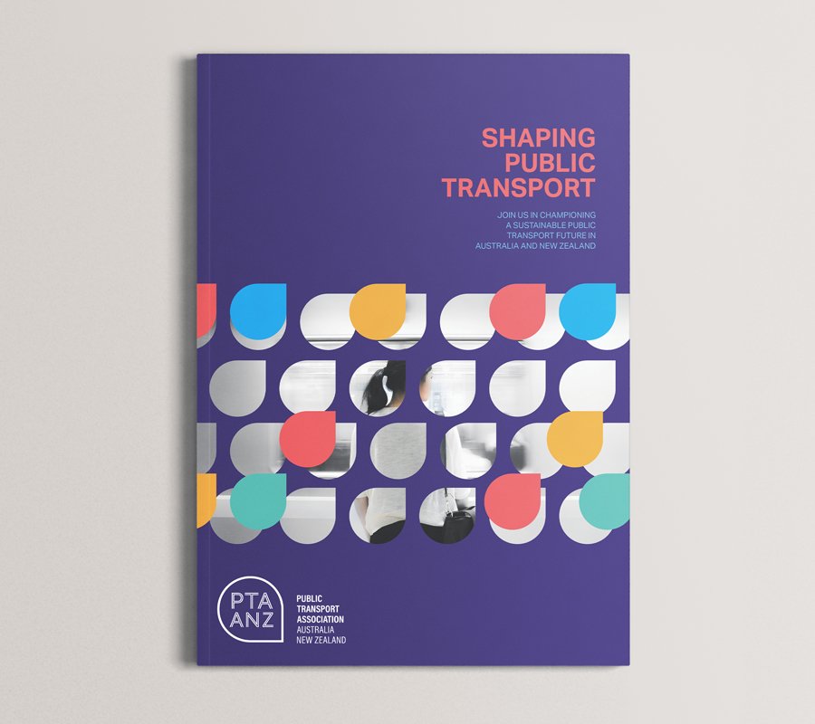Cover of a report titled "Shaping Public Transport," published by the Public Transport Association of Australia and New Zealand. The cover features a purple background with a pattern of multicolored abstract shapes resembling parts of a bus or tram w