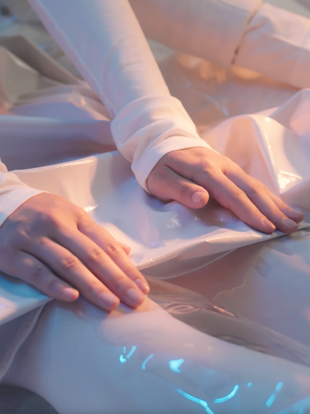 A person in white clothing handling a shiny, smooth, metallic or ceramic surface.