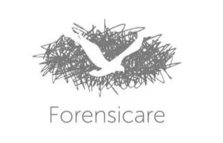 A logo featuring a bird flying above a nest, with the word "Forensicare" below.