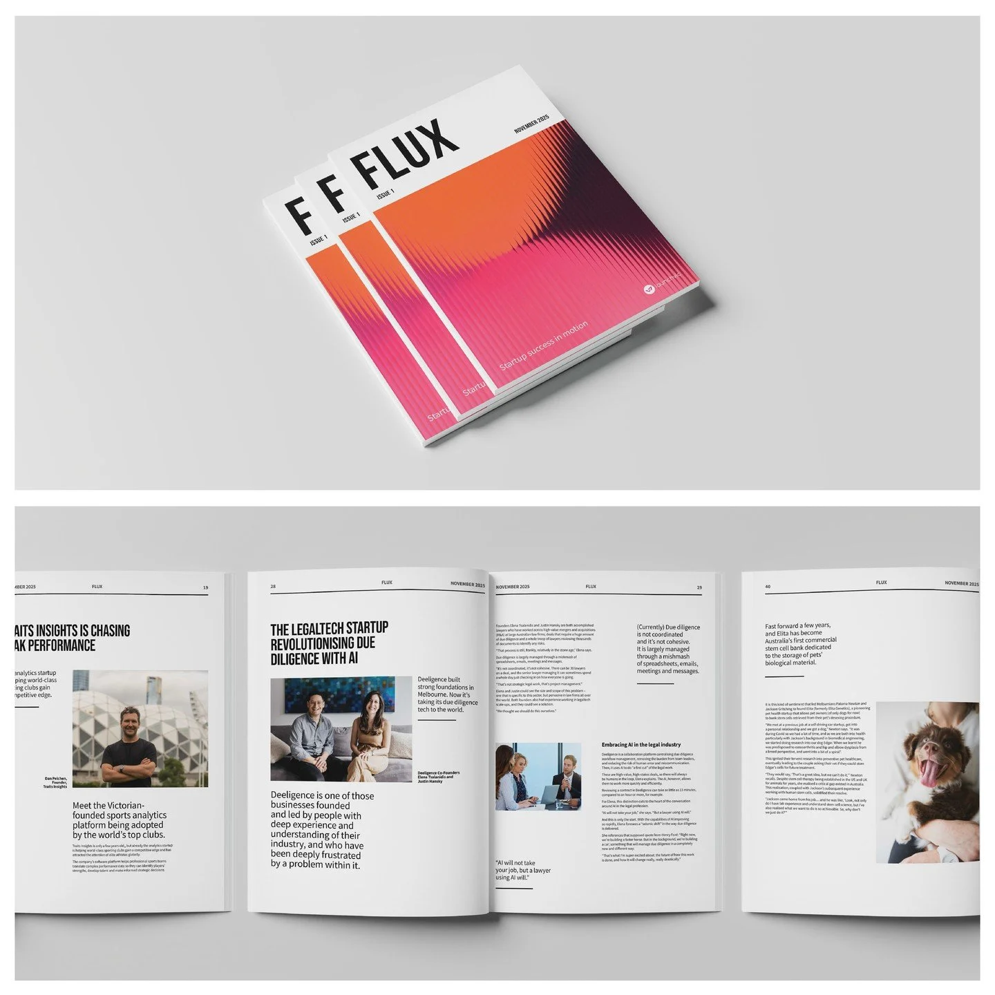 OU Design is proud to share the first edition of LaunchVic&rsquo;s FLUX magazine.
A publication designed to explore ideas in motion and give space to emerging voices, stories and perspectives in the start-up community.

FLUX combines considered edito