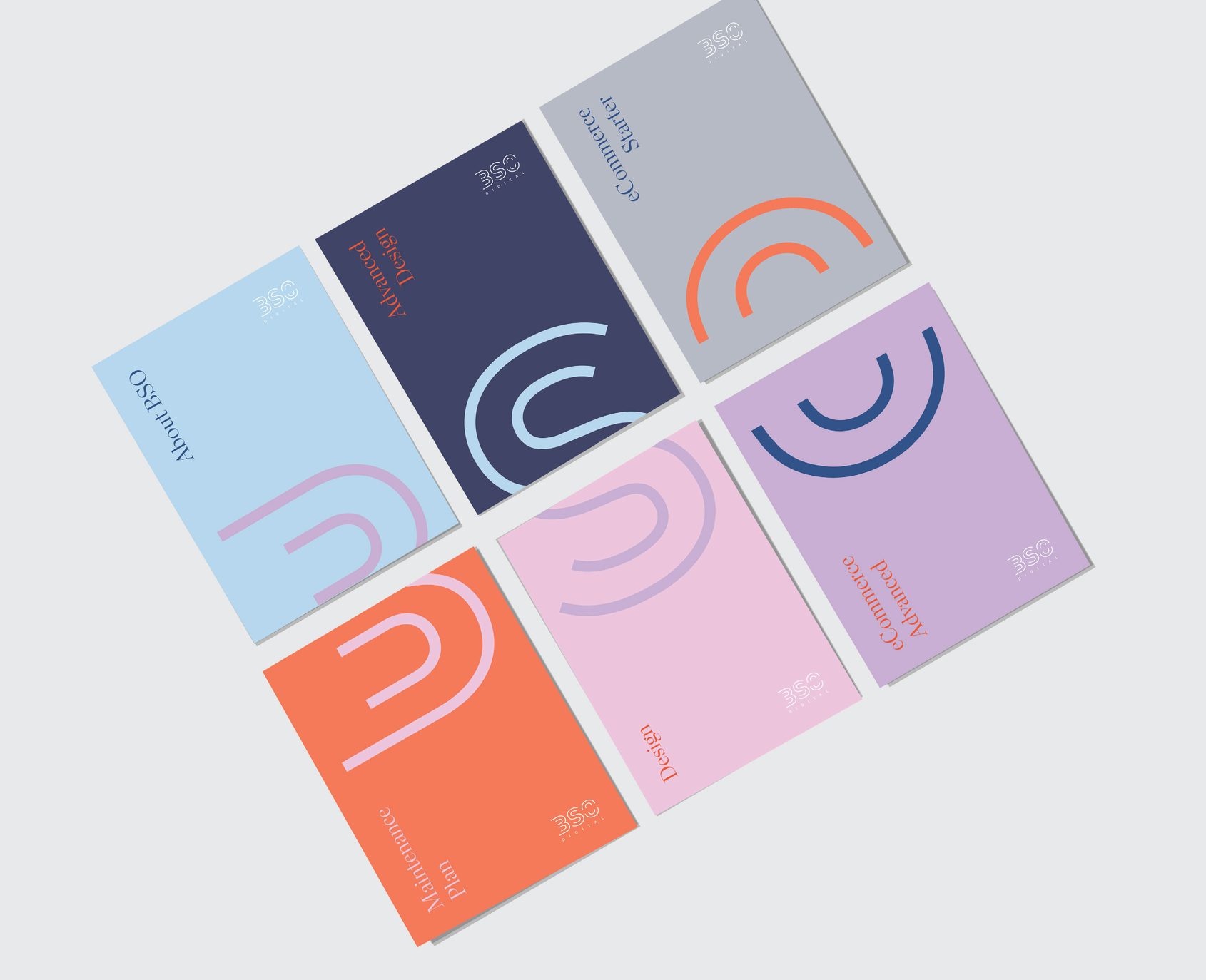 Six cards laid out in a 3x2 grid, with various pastel colours, each with a title and logo for BSO Digital on a light gray background. Each card containing half a letter. All six cards together spell out BSO.