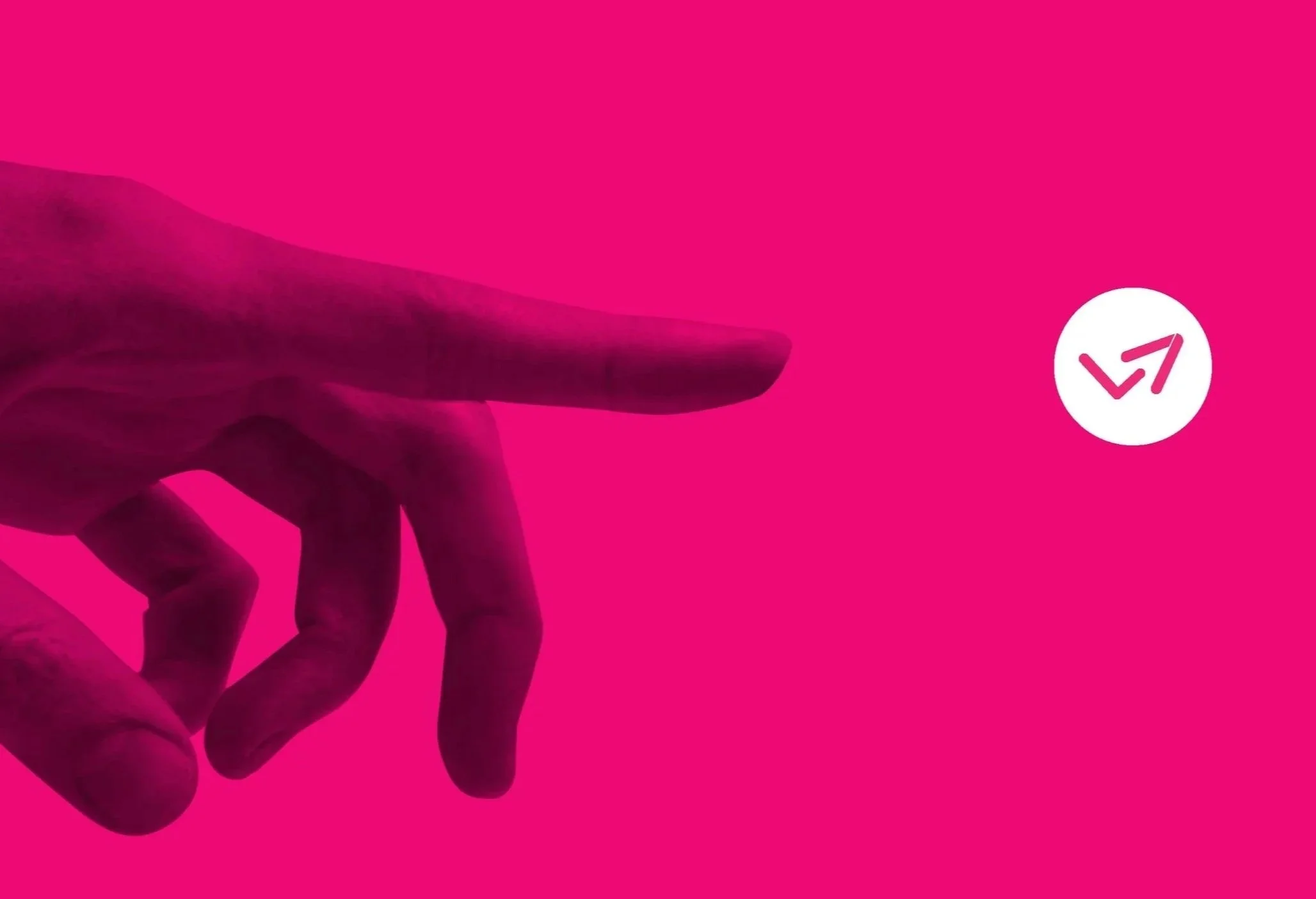 Pink background with a hand pointing to the right and a white circle containing a pink LaunchVic logo mark.